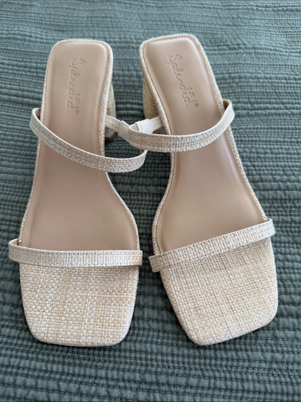 Neutral Beige Two-Strap Block Heel Sandals raffia type material.